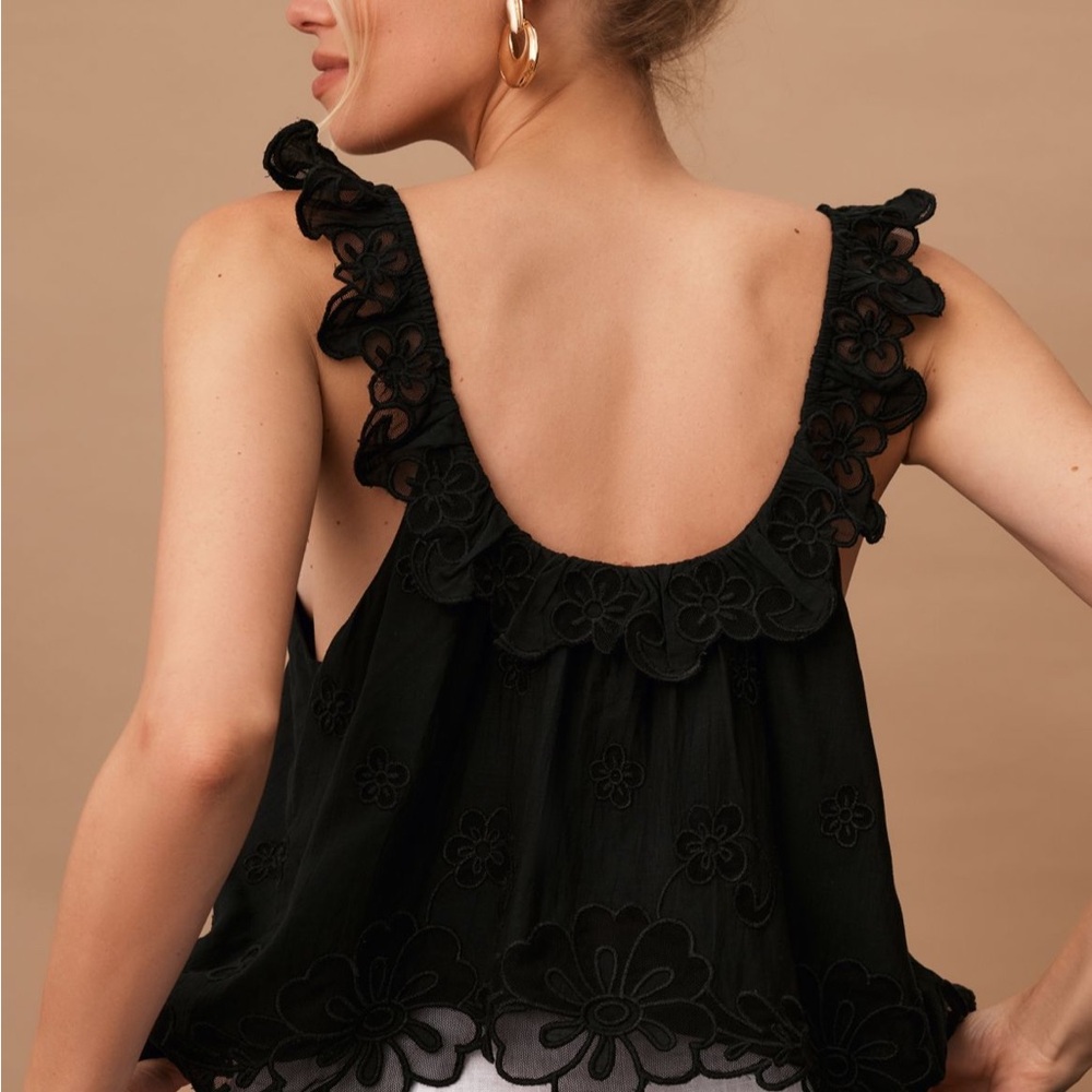 Eyelet Scoop-Neck Tank-Black Floral Lace Sleeveless Top
